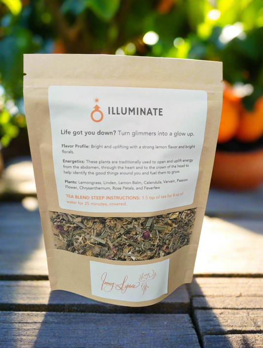 Illuminate tea bag with a small window to see the herb blend sitting on bench in front of a tree during golden hour with dappled sunlight