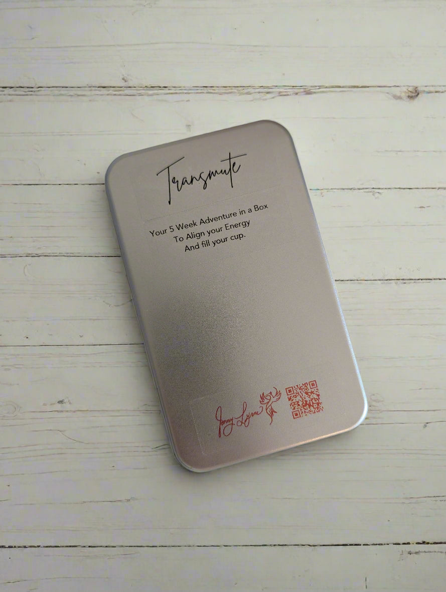 Silver tin with text that reads "Transmute: Your 5-week adventure in a box" and a QR code on a white background