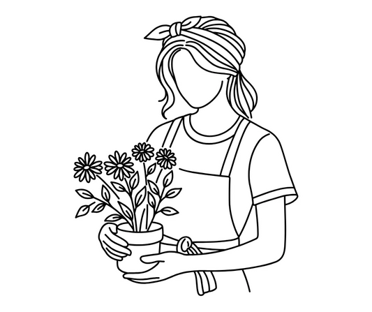 Line drawing of a person holding a potted plant with flowers.