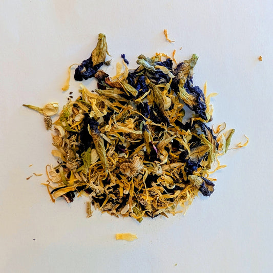 Dried yellow and blue flower petals on a white background